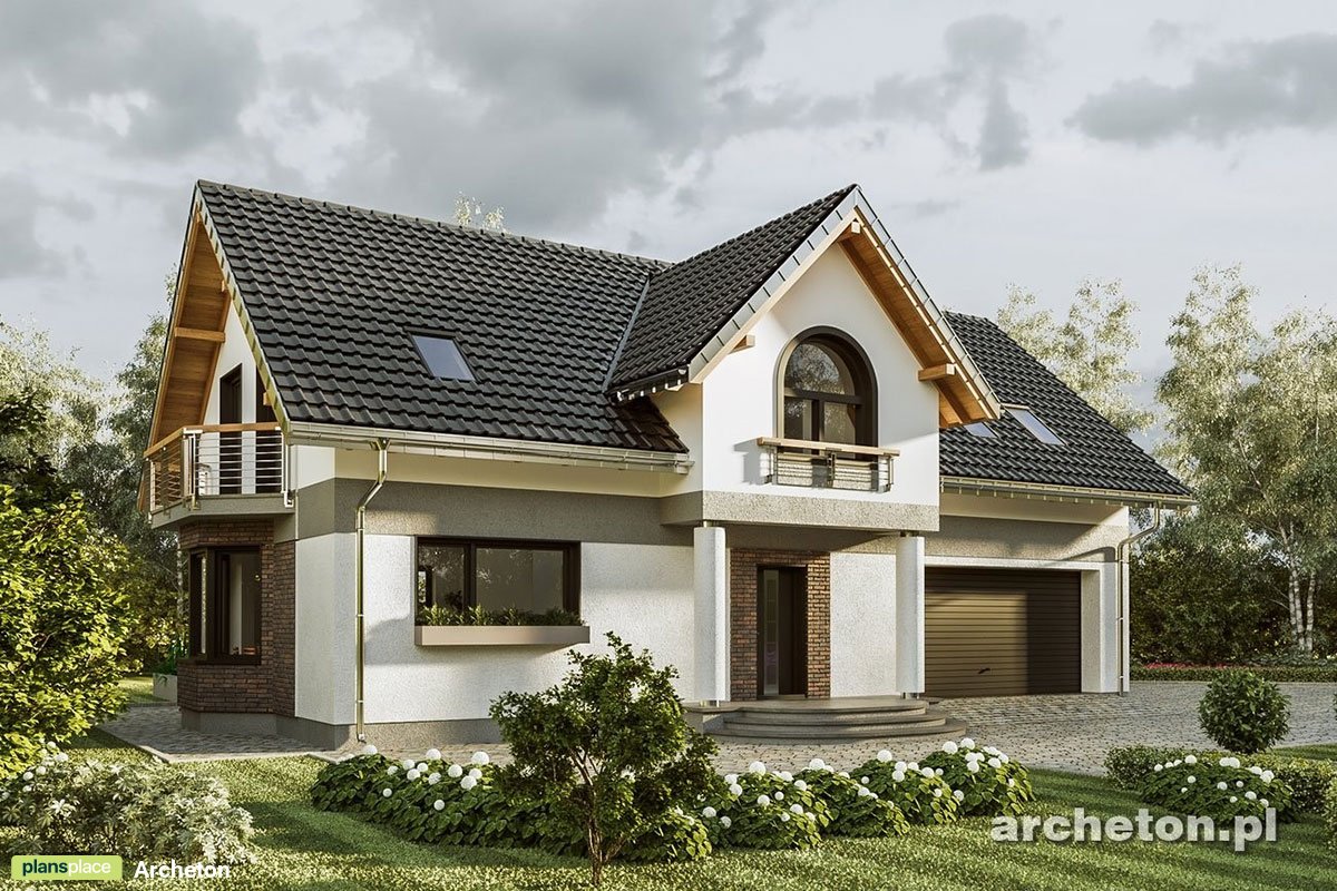 Projekt domu dworek z garażem w bryle i otwartą kuchnią