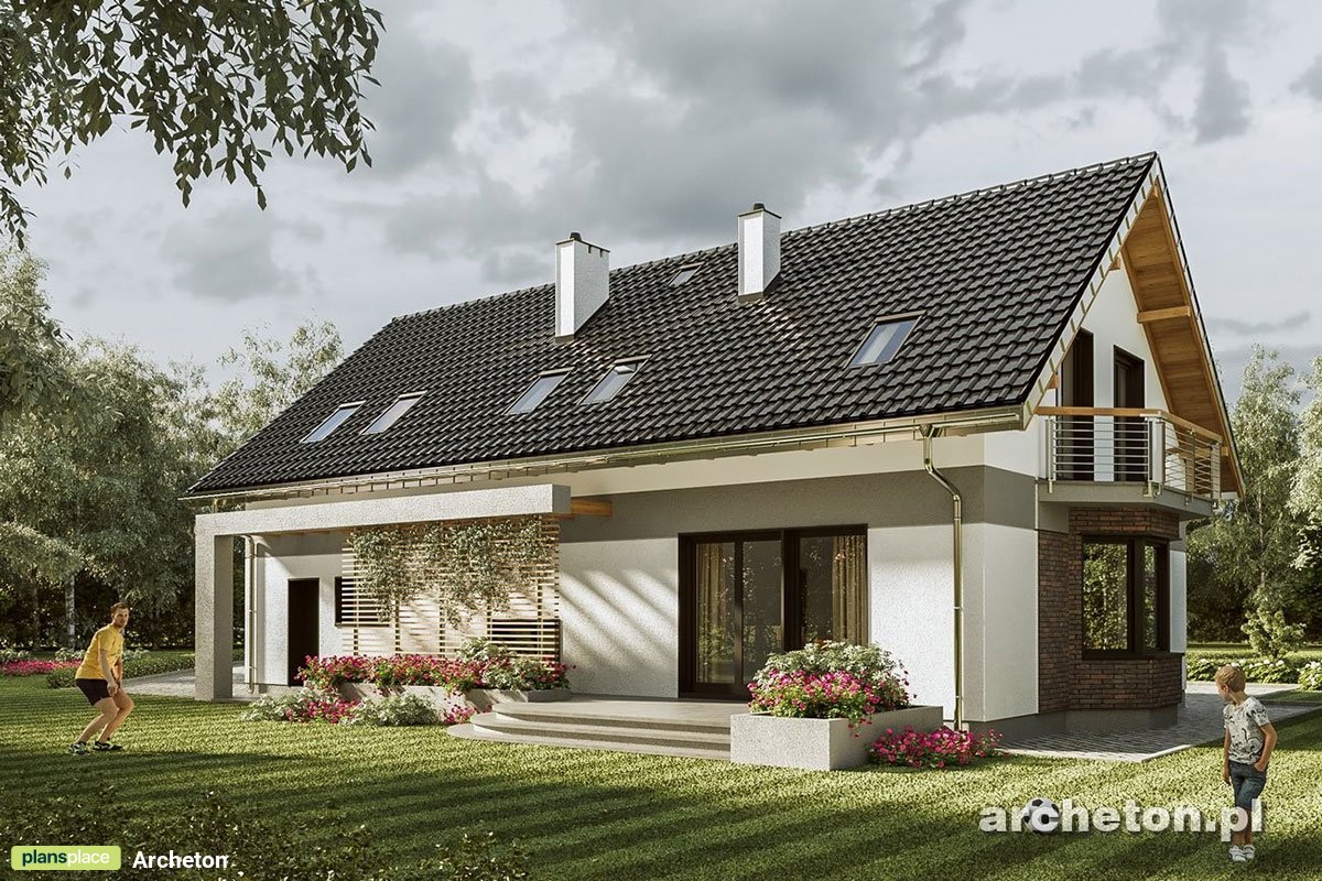 Projekt domu dworek z garażem w bryle i otwartą kuchnią
