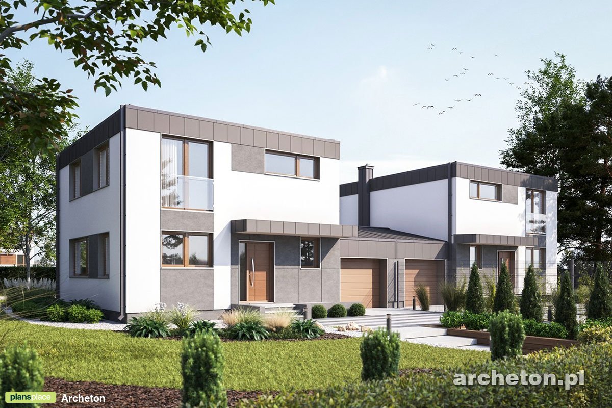 Projekt bliźniaka piętrowego z płaskim dachem i garażem