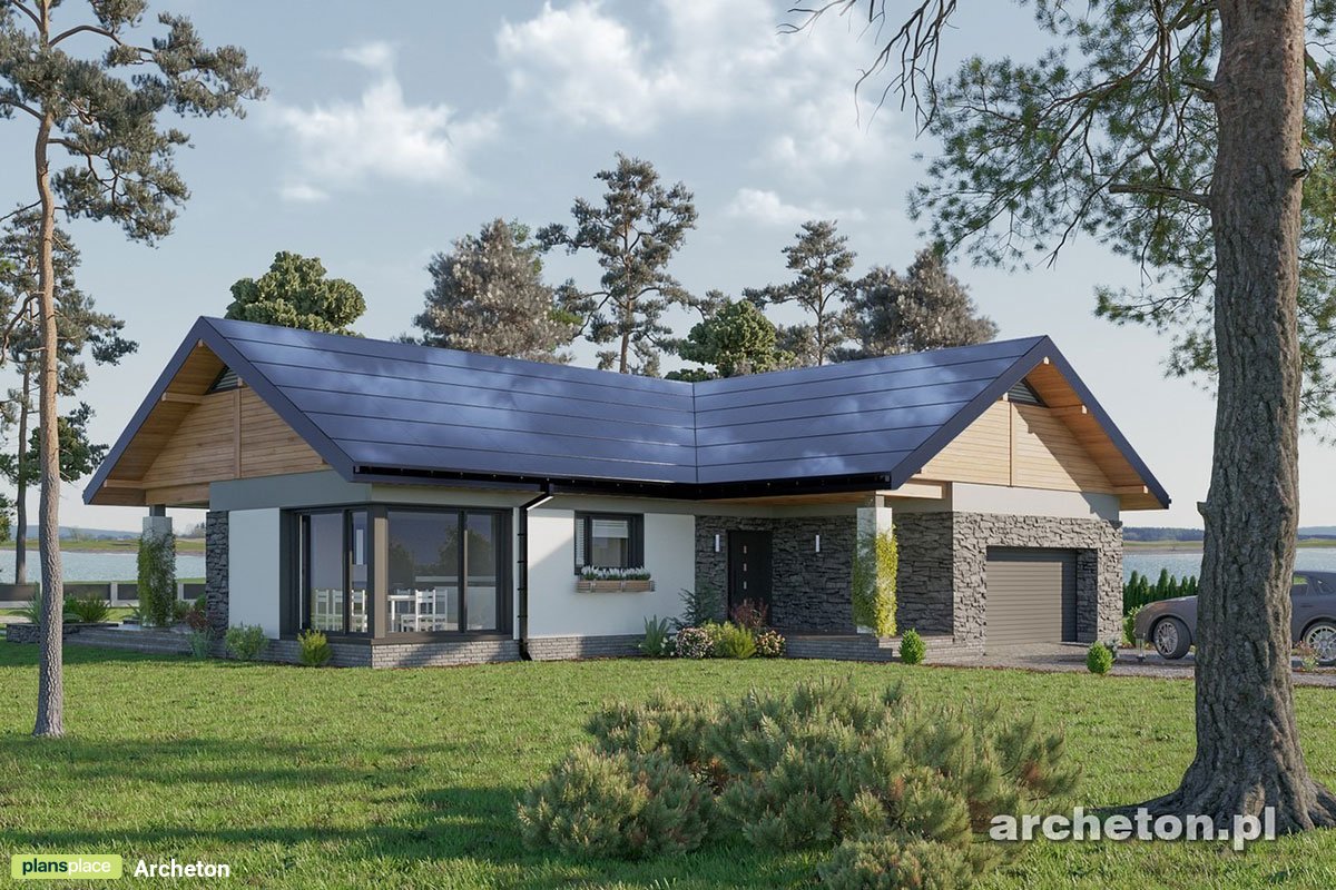 Projekt domu w kształcie litery T z 3 pokojami i 2 łazienkami