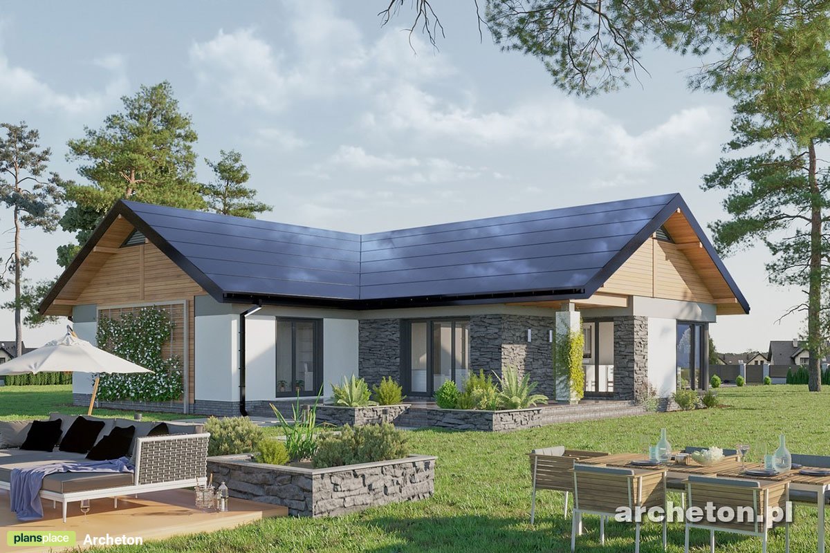 Projekt domu w kształcie litery T z 3 pokojami i 2 łazienkami