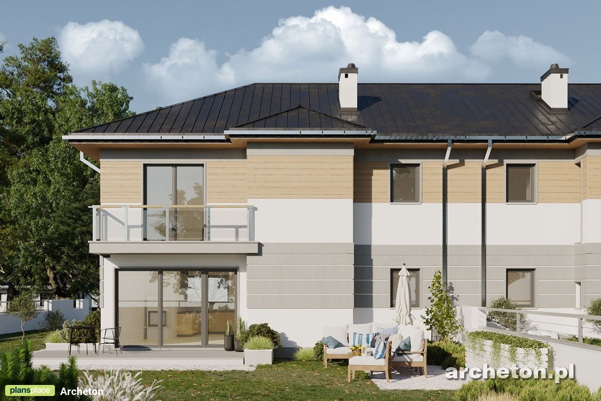 Projekt bliźniaka piętrowego z 4 pokojami na piętrze i garażem