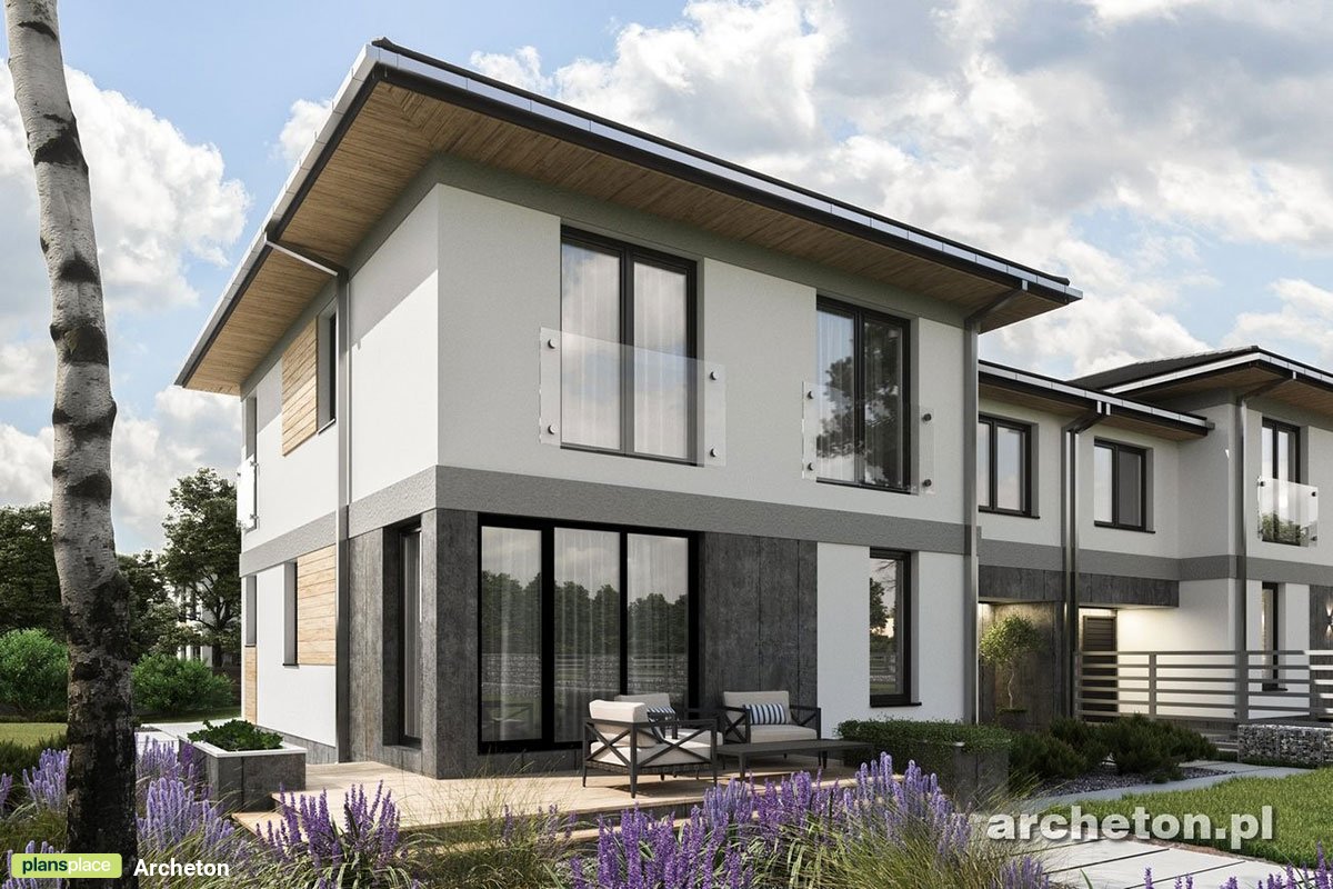 Projekt bliźniaka piętrowego z garażem w bryle i 4 pokojami