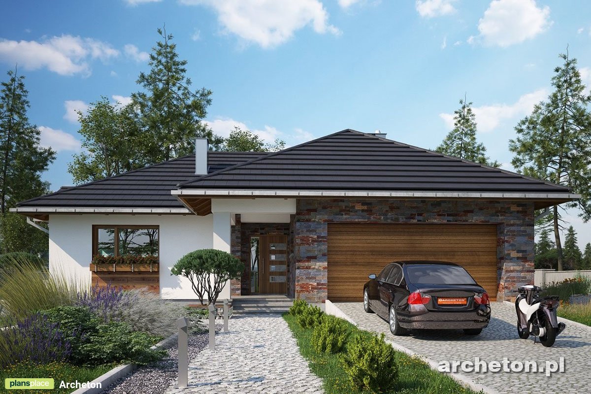 Projekt domu parterowego z kotłownią z boku i garażem