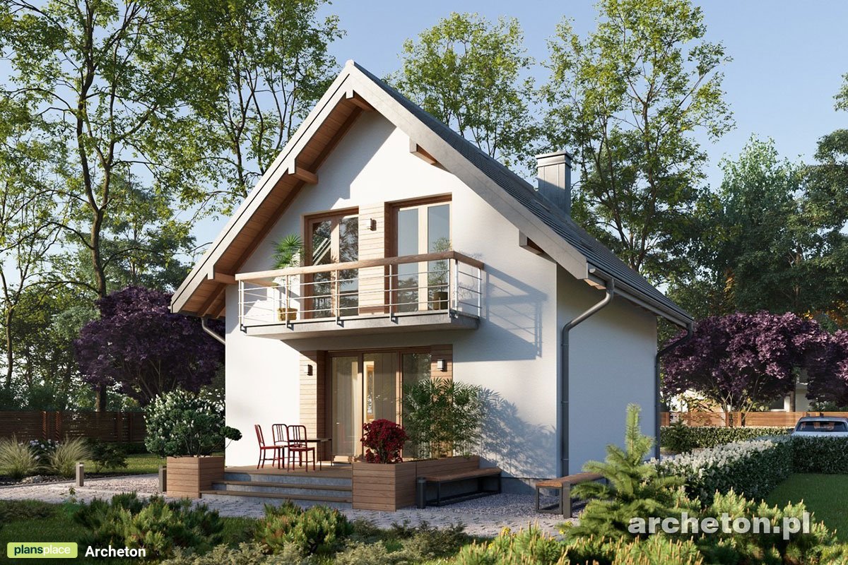 Projekt małego domu bez garażu z 3 pokojami i balkonem