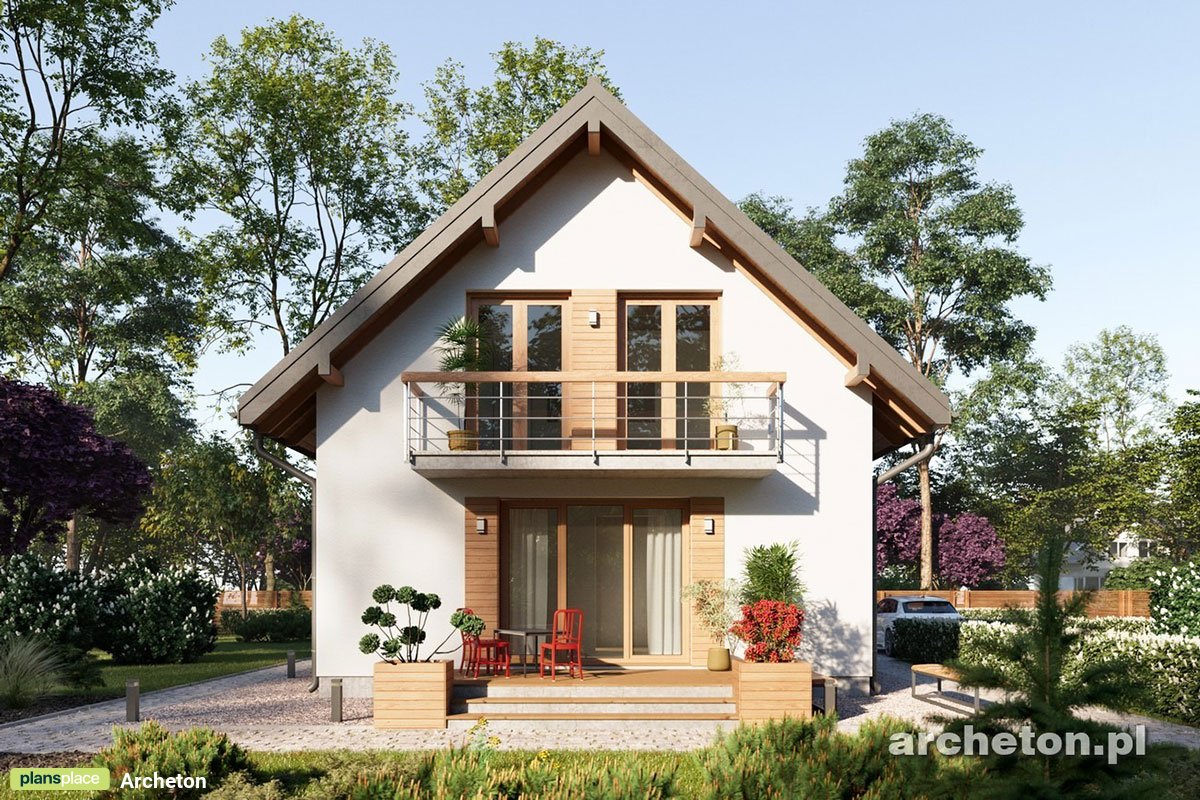 Projekt małego domu bez garażu z 3 pokojami i balkonem