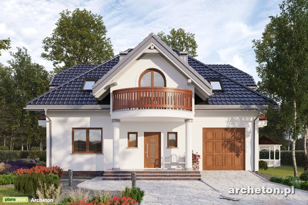 Projekt domu z poddaszem, 5 pokojami i lukarną z balkonem