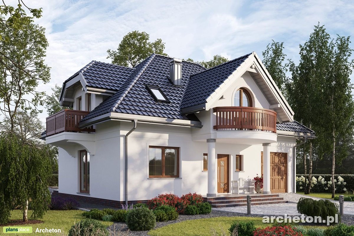 Projekt domu z poddaszem, 5 pokojami i lukarną z balkonem
