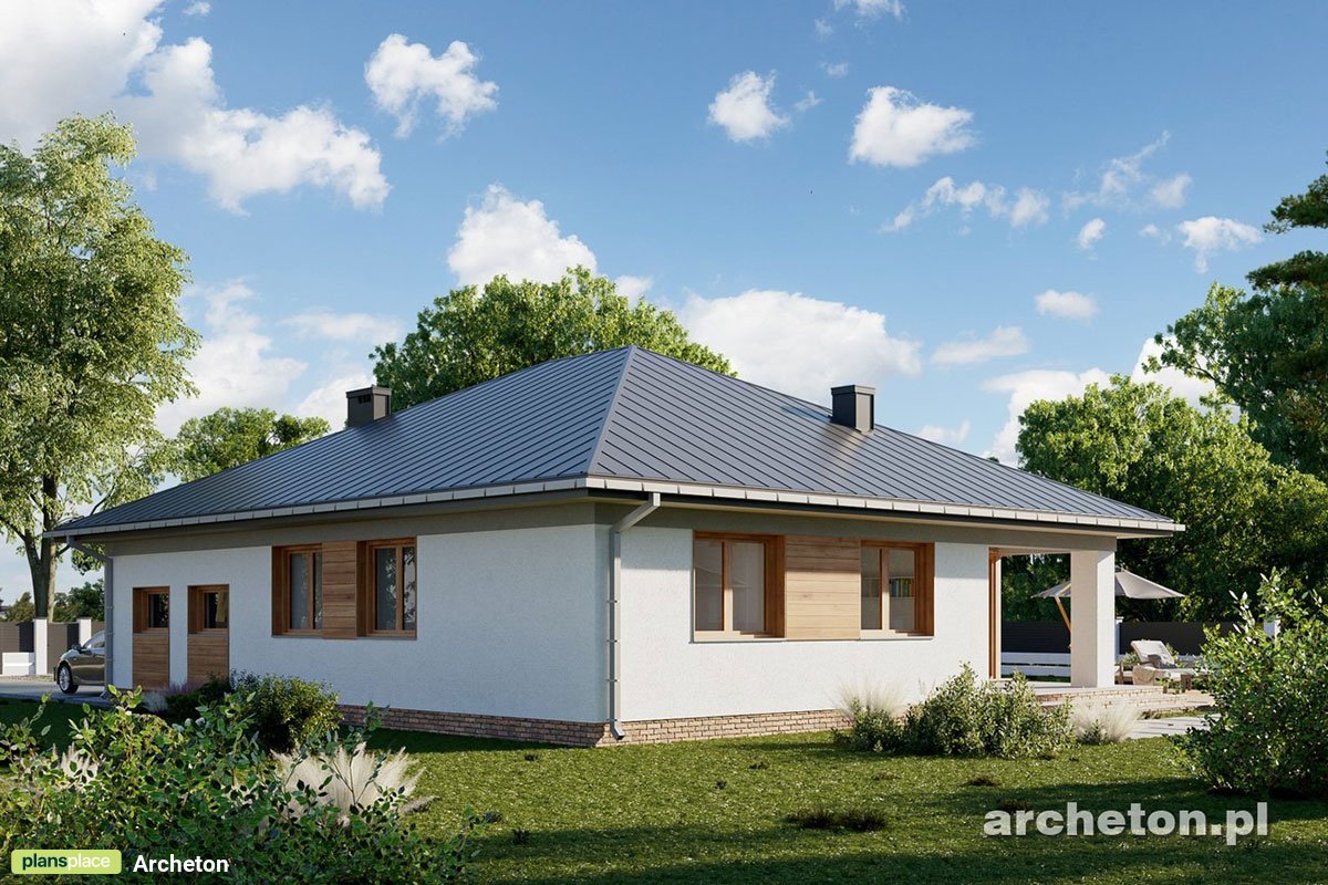 Projekt domu parterowego z oknami narożnymi i 4 sypialniami