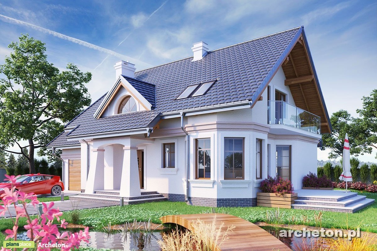 Projekt domu z siłownią nad garażem i wykuszem w jadalni
