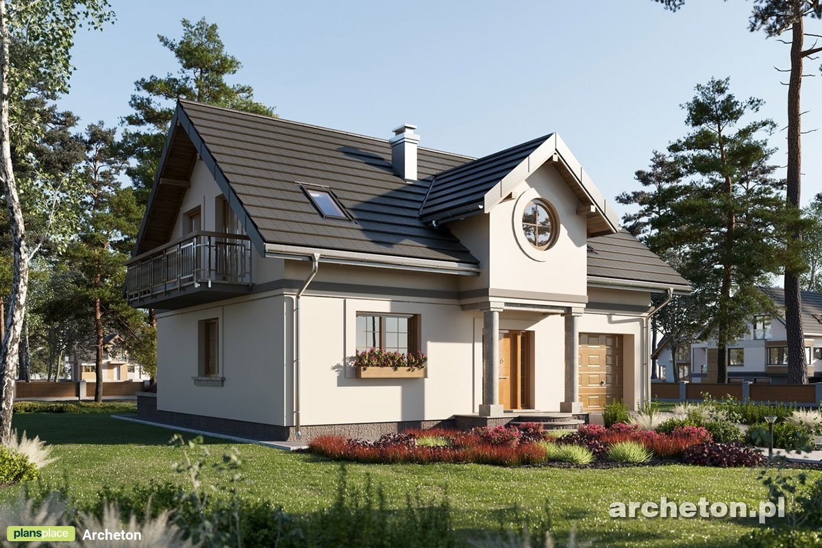 Projekt domu w stylu dworkowym z 2 balkonami i garażem