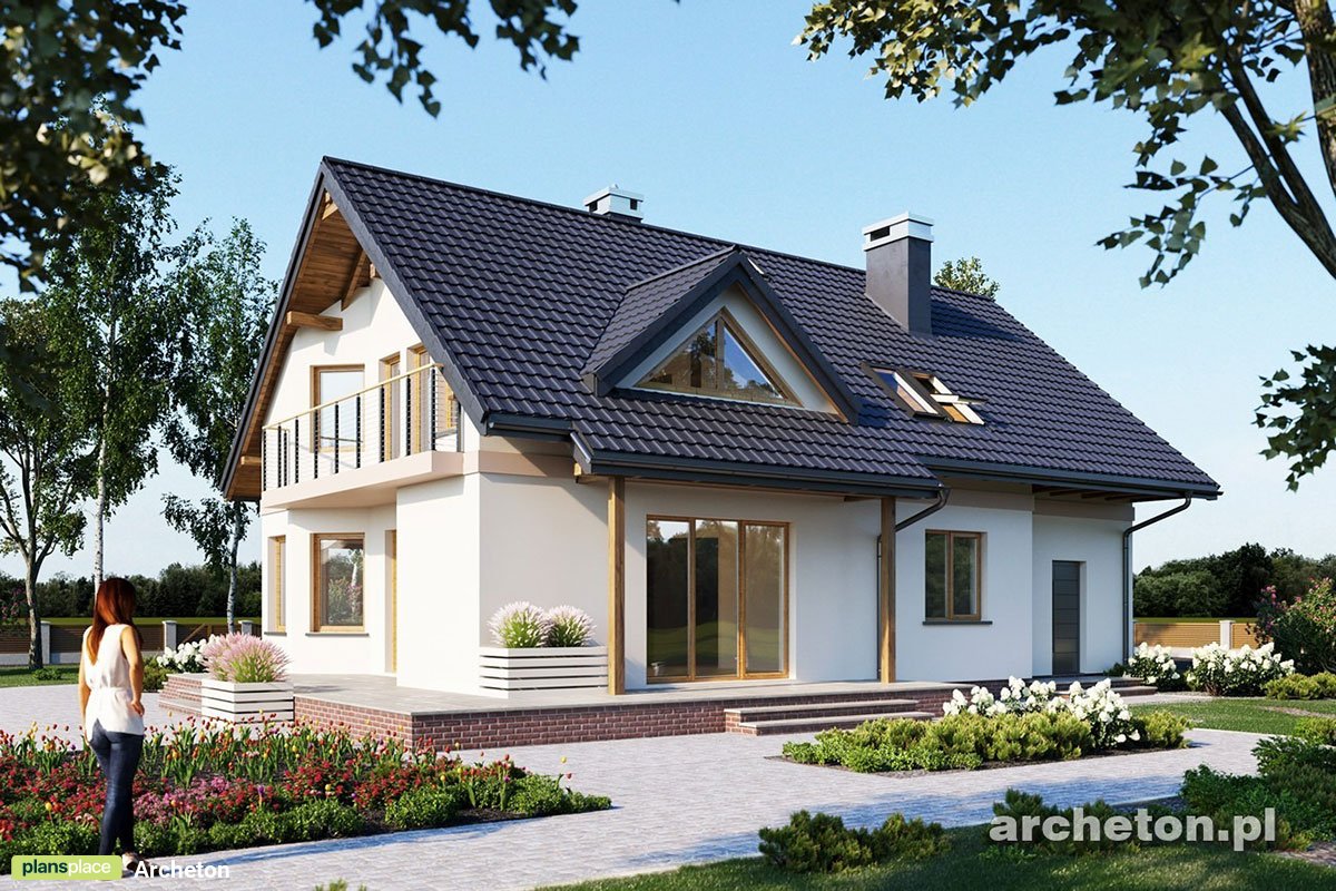 Projekt domu z poddaszem, dużą kuchnią i wykuszem w jadalni