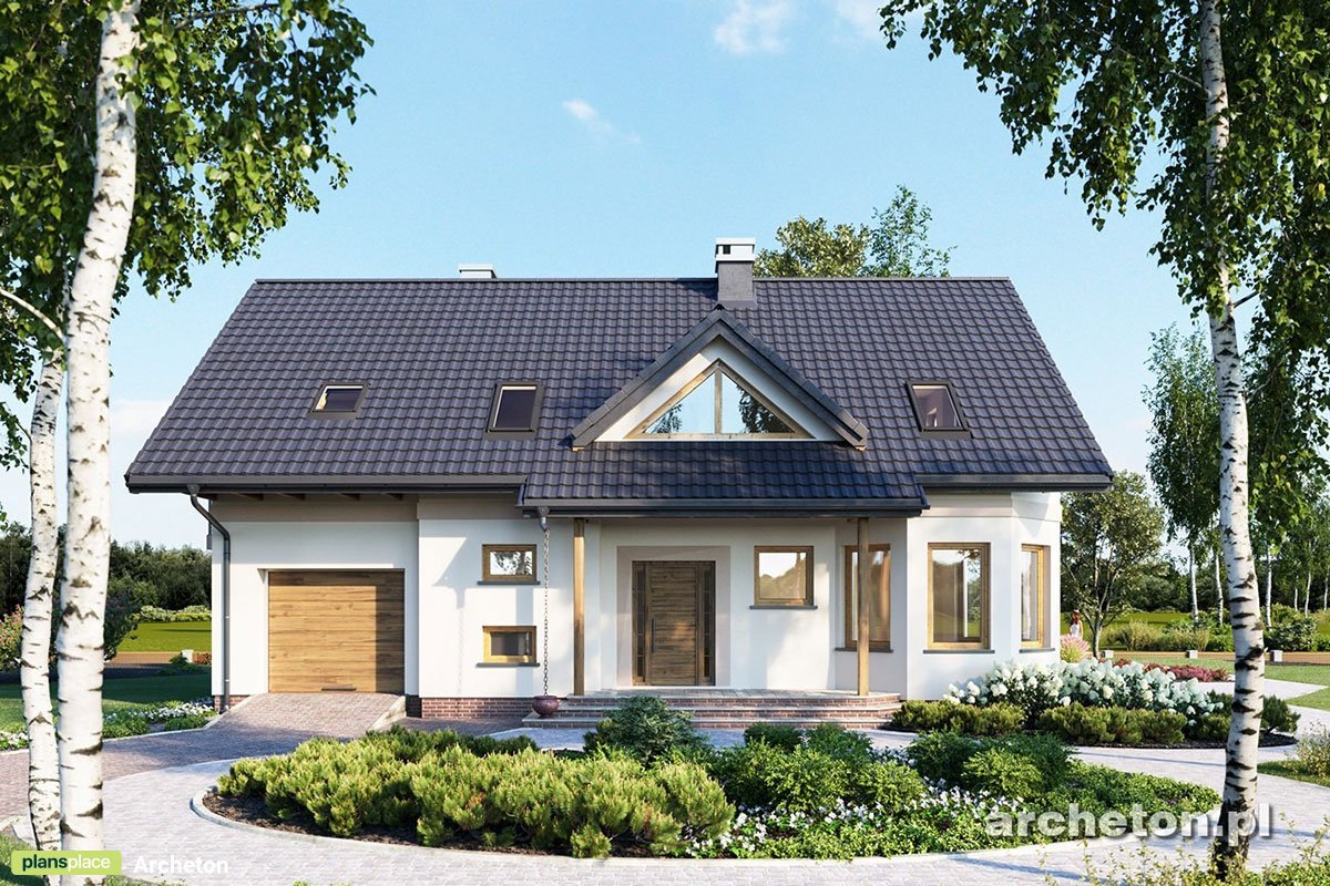Projekt domu z poddaszem, dużą kuchnią i wykuszem w jadalni
