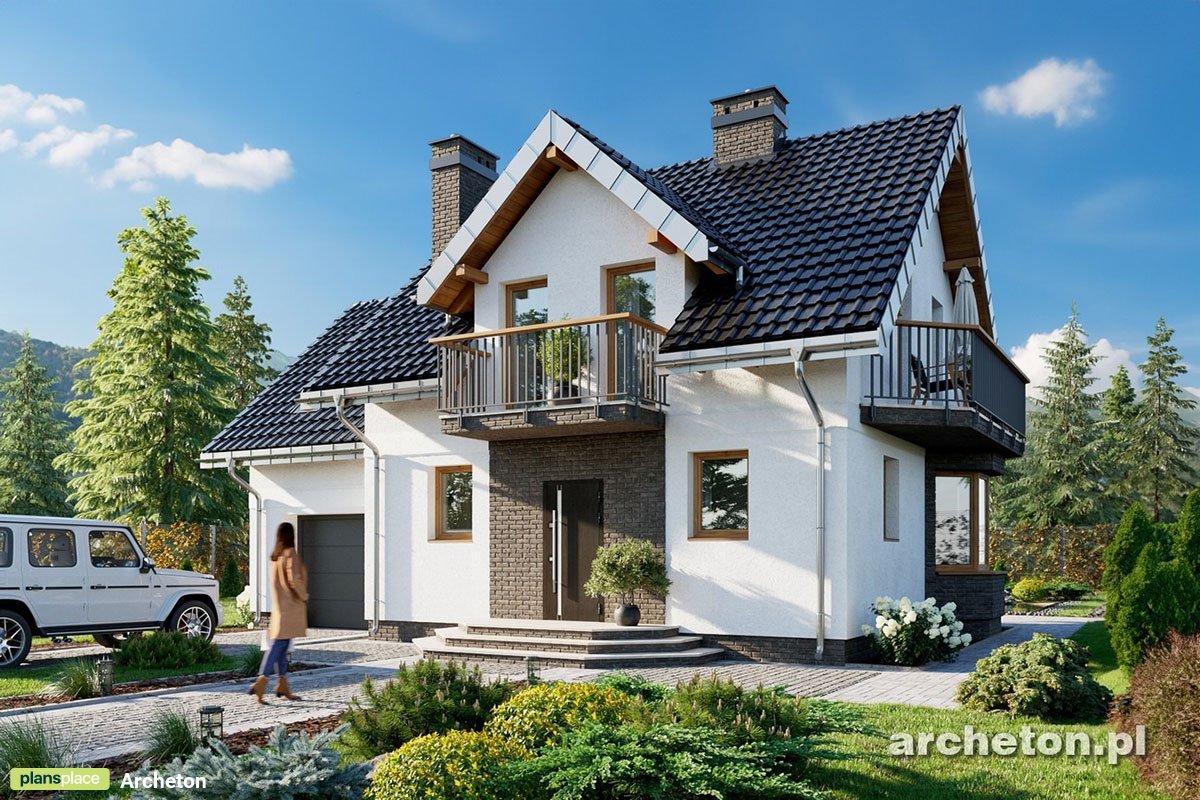 Projekt średniego domu z balkonem nad wykuszem i garażem