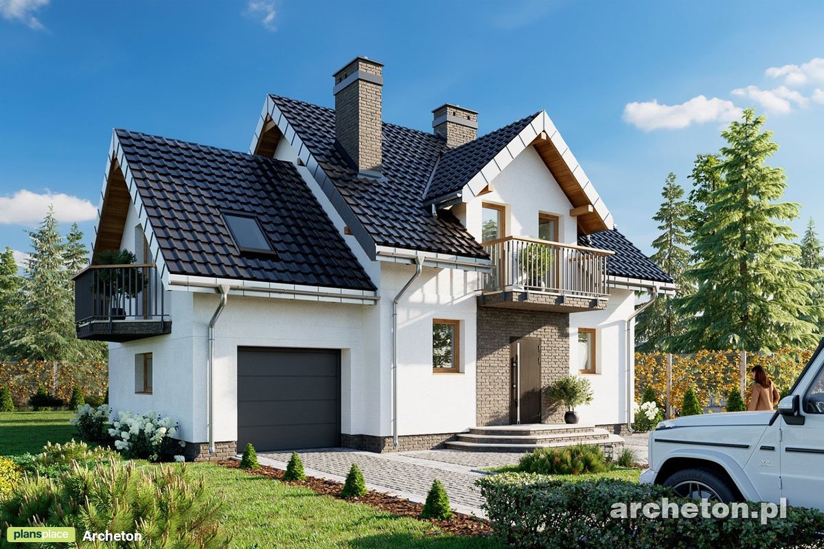 Projekt średniego domu z balkonem nad wykuszem i garażem