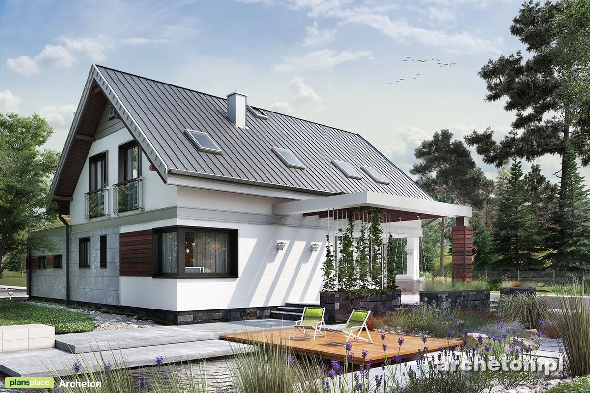 Projekt domu ze świetlikami, garażem i dachem dwuspadowym