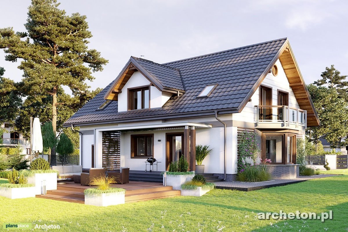 Projekt domu z lukarną z balkonem i z balkonem nad wykuszem