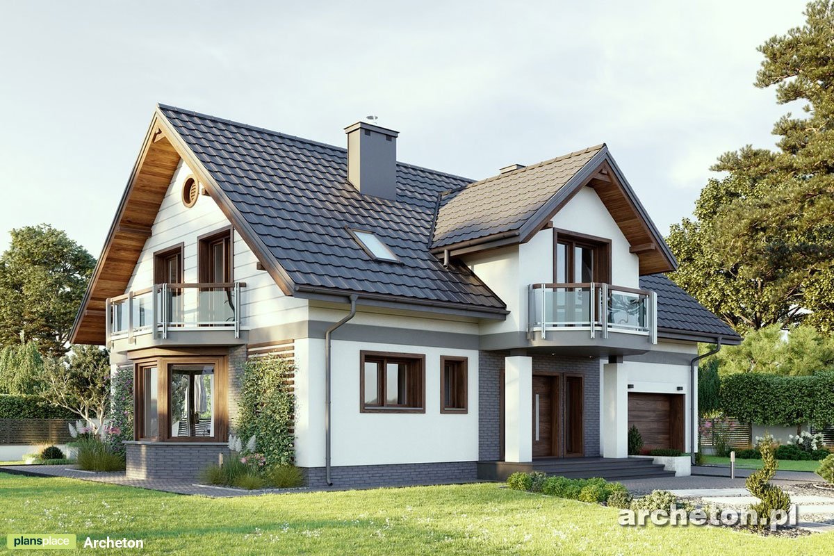 Projekt domu z lukarną z balkonem i z balkonem nad wykuszem