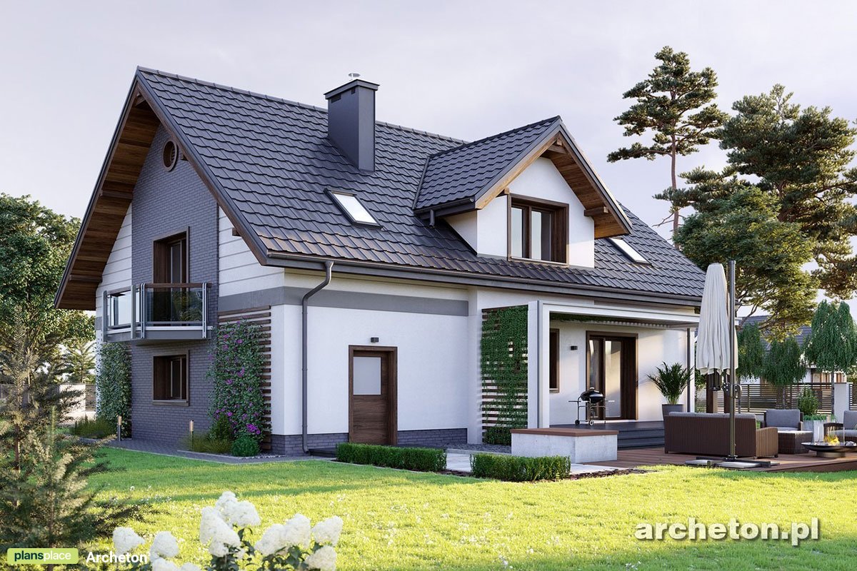 Projekt domu z lukarną z balkonem i z balkonem nad wykuszem