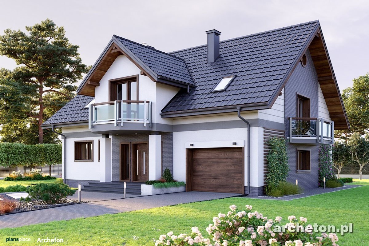 Projekt domu z lukarną z balkonem i z balkonem nad wykuszem