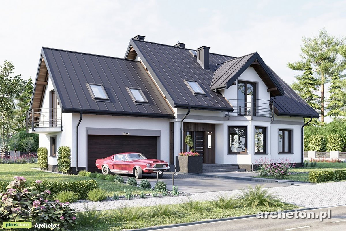 Projekt dużego domu z 5 pokojami i garażem doklejonym z boku