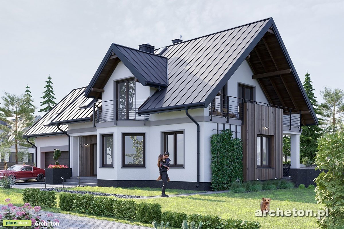 Projekt dużego domu z 5 pokojami i garażem doklejonym z boku