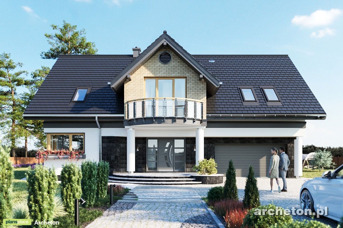 Projekt domu z balkonem frontowym i balkonem nad wykuszem
