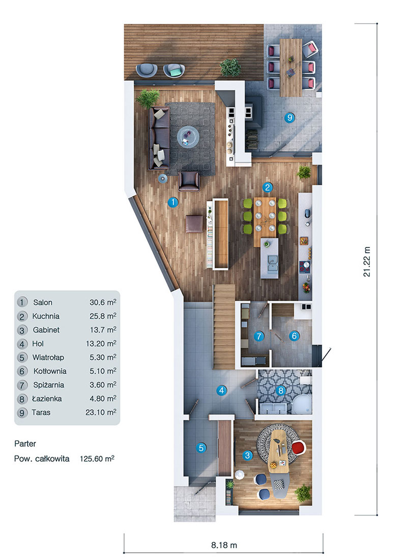 Projekt domu jednorodzinnego o pow. 39 m²: Parterowy, 4 Sypialnie, 4 Łazienki, Garaż (System metryczny)