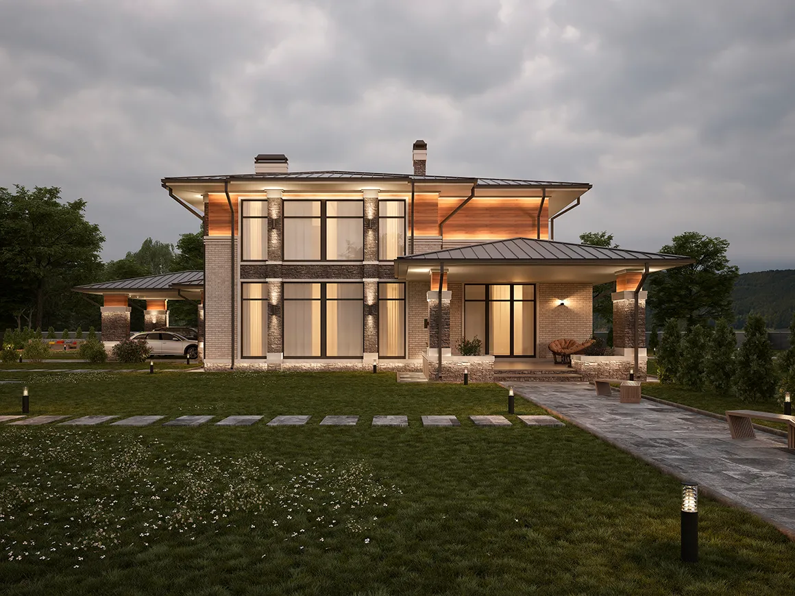 Projekt domu jednorodzinnego o pow. 339 m²: Piętrowy, 5 Sypialnie, Gabinet, 4 Łazienki, Otwarta kuchnia, Wiata