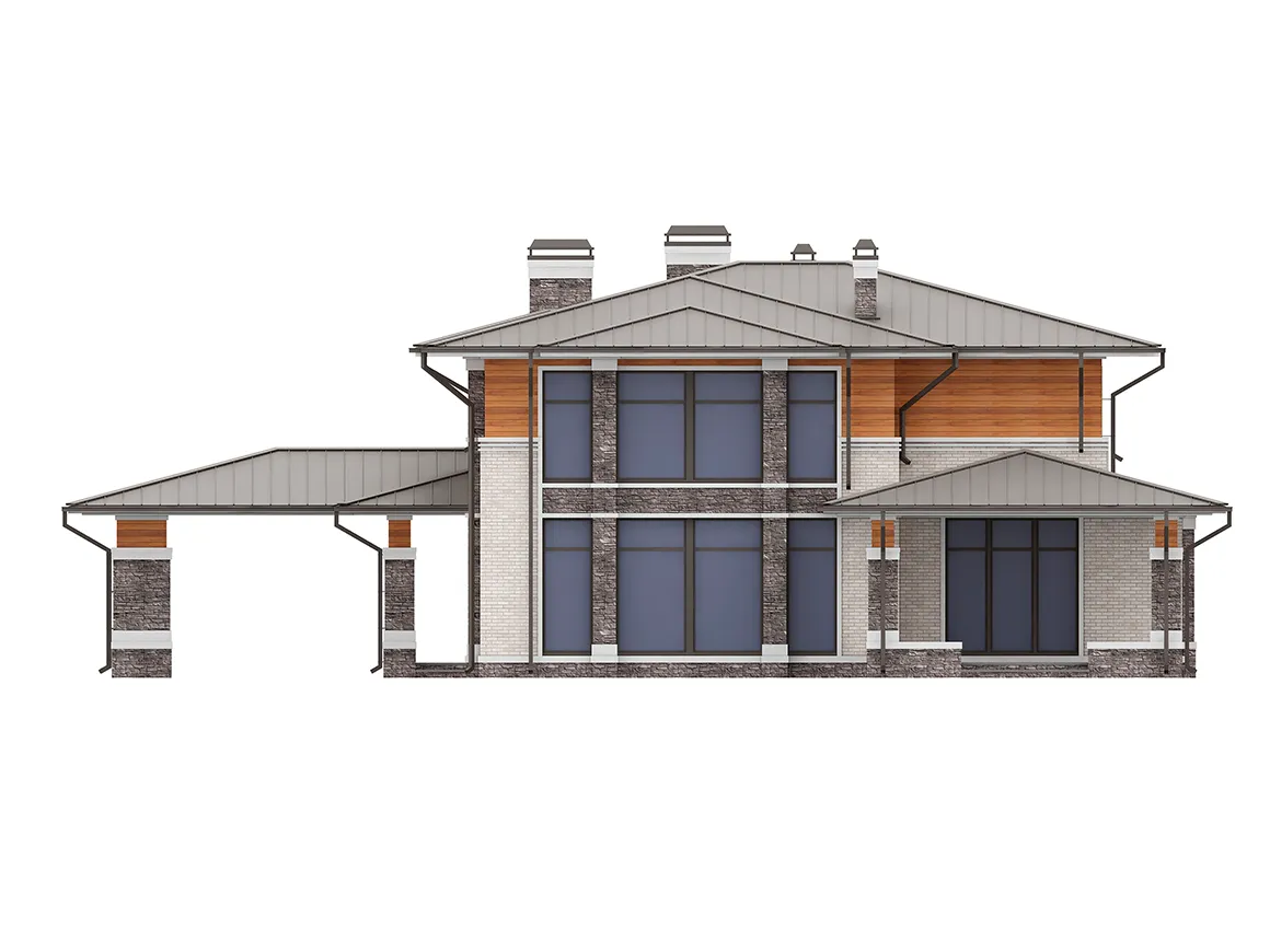 Projekt domu jednorodzinnego o pow. 339 m²: Piętrowy, 5 Sypialnie, Gabinet, 4 Łazienki, Otwarta kuchnia, Wiata