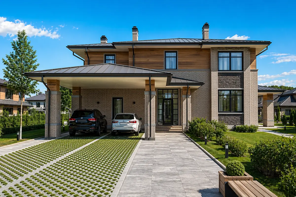 Projekt domu jednorodzinnego o pow. 339 m²: Piętrowy, 5 Sypialnie, Gabinet, 4 Łazienki, Otwarta kuchnia, Wiata