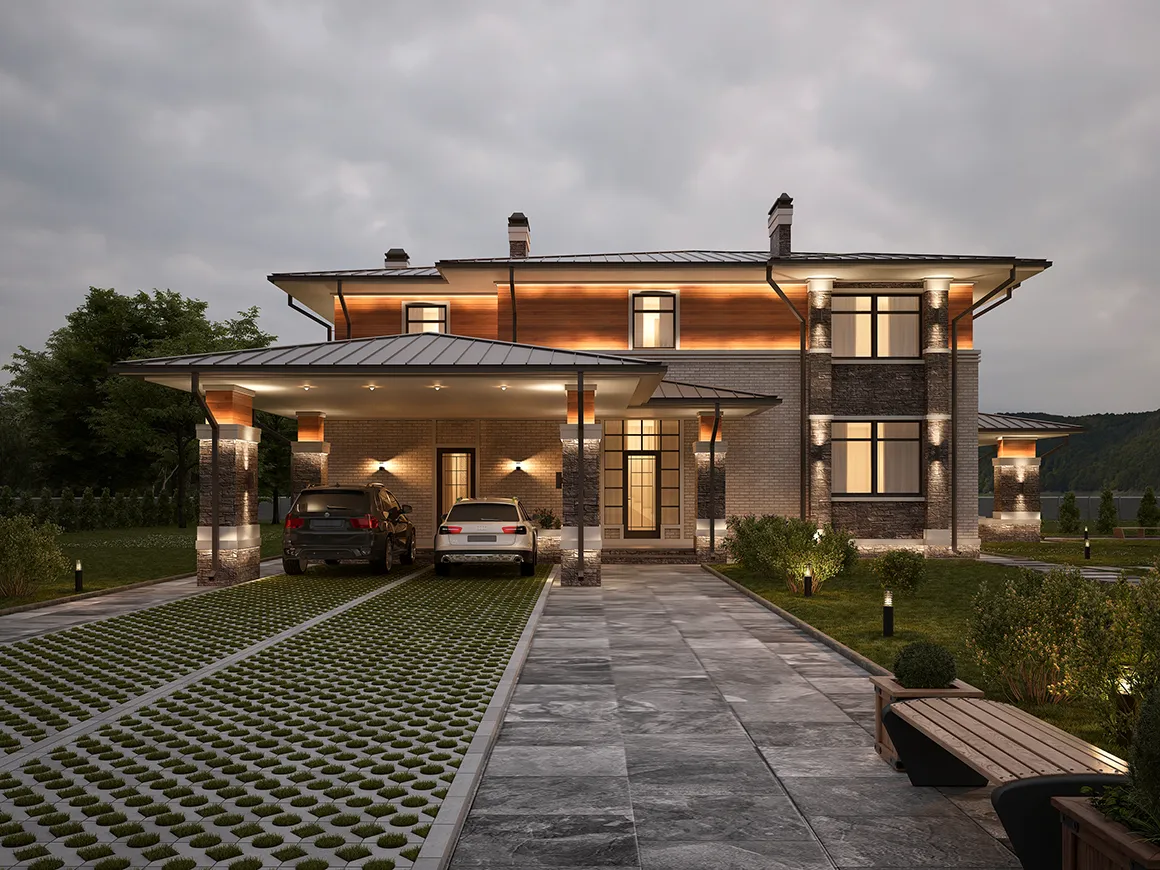 Projekt domu jednorodzinnego o pow. 339 m²: Piętrowy, 5 Sypialnie, Gabinet, 4 Łazienki, Otwarta kuchnia, Wiata