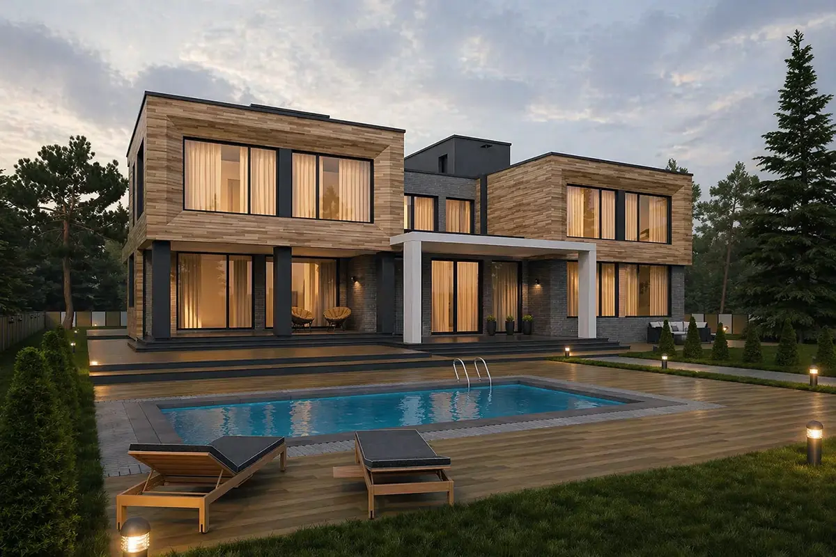 Projekt domu jednorodzinnego o pow. 461 m²: Dwupiętrowy, 6 Sypialnie, Gabinet, 5 Łazienki, Otwarta kuchnia