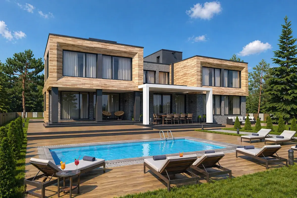 Projekt domu jednorodzinnego o pow. 461 m²: Dwupiętrowy, 6 Sypialnie, Gabinet, 5 Łazienki, Otwarta kuchnia