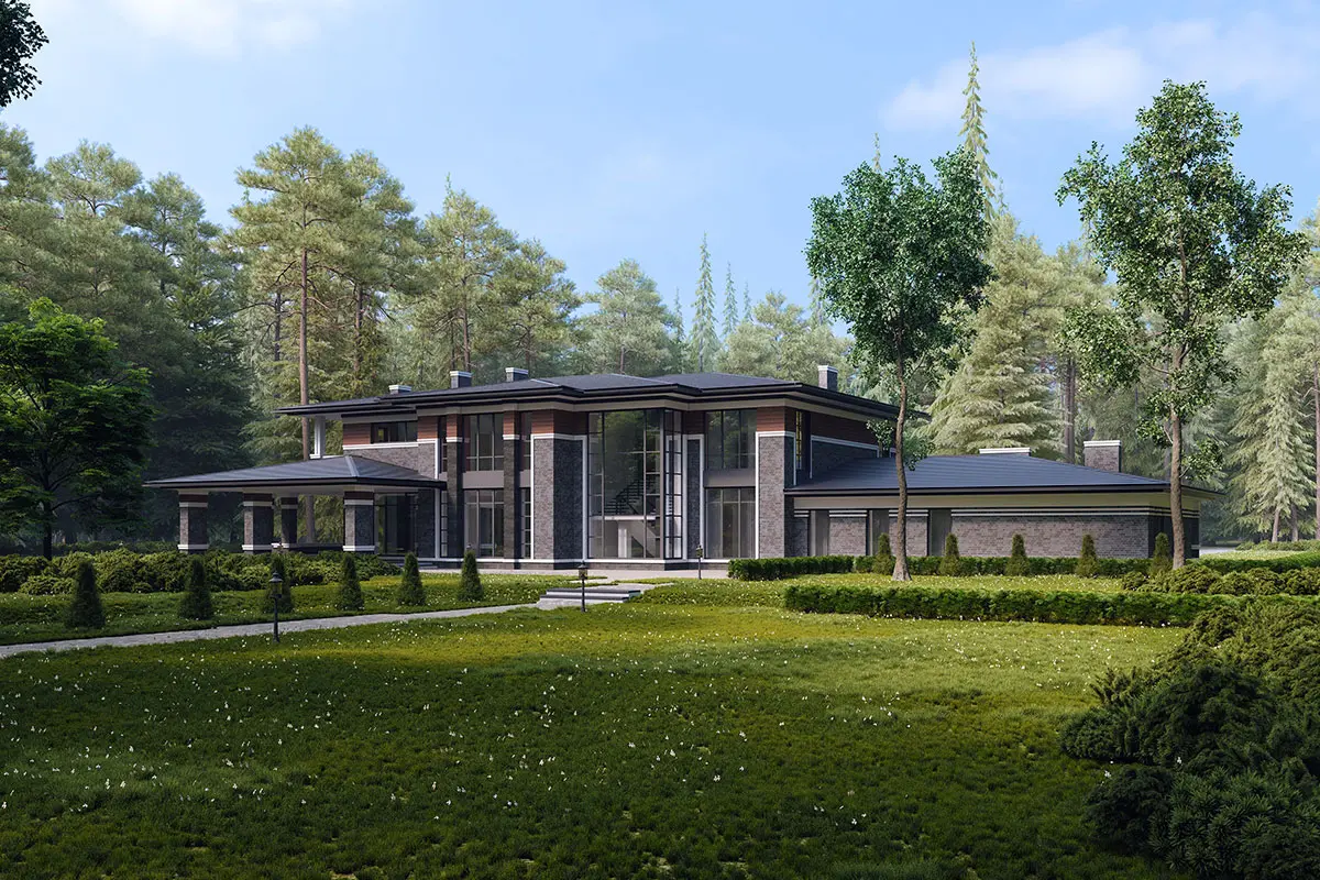 Projekt domu jednorodzinnego o pow. 670 m²: Piętrowy, 5 Sypialnie, Gabinet, 5 Łazienki, Otwarta kuchnia, Garaż