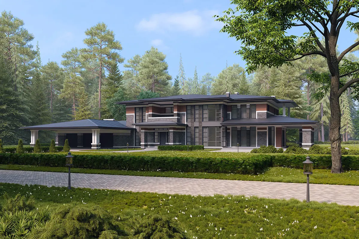 Projekt domu jednorodzinnego o pow. 670 m²: Piętrowy, 5 Sypialnie, Gabinet, 5 Łazienki, Otwarta kuchnia, Garaż