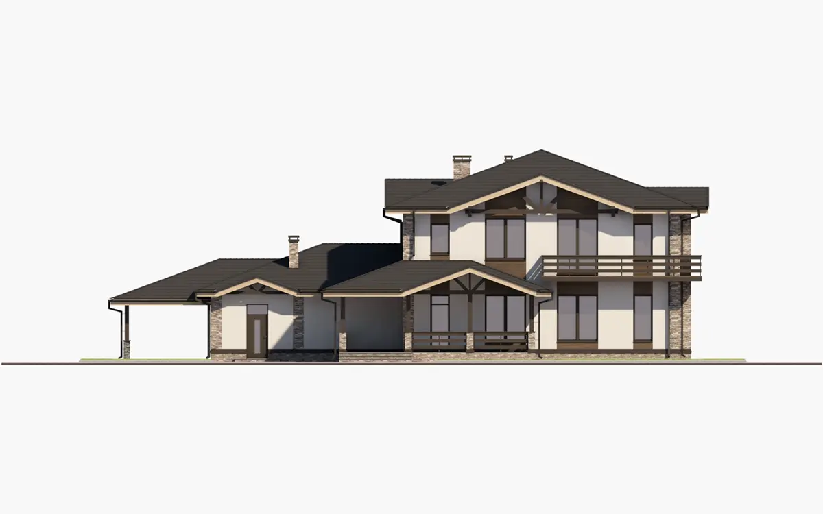 Projekt domu jednorodzinnego o pow. 348 m²: Piętrowy, 4 Sypialnie, Gabinet, 3 Łazienki, Otwarta kuchnia, Wiata