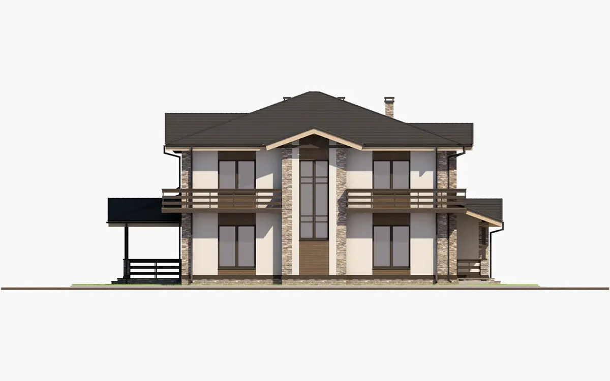 Projekt domu jednorodzinnego o pow. 348 m²: Piętrowy, 4 Sypialnie, Gabinet, 3 Łazienki, Otwarta kuchnia, Wiata
