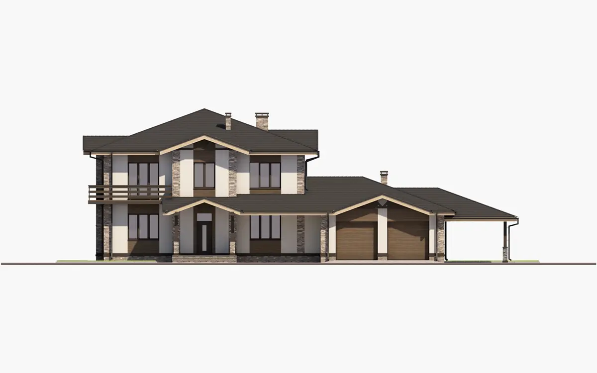 Projekt domu jednorodzinnego o pow. 348 m²: Piętrowy, 4 Sypialnie, Gabinet, 3 Łazienki, Otwarta kuchnia, Wiata