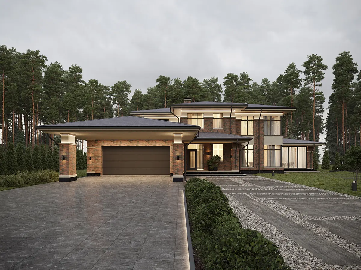 Projekt domu jednorodzinnego o pow. 313 m²: Piętrowy, 4 Sypialnie, 3 Łazienki, Otwarta kuchnia, Wiata