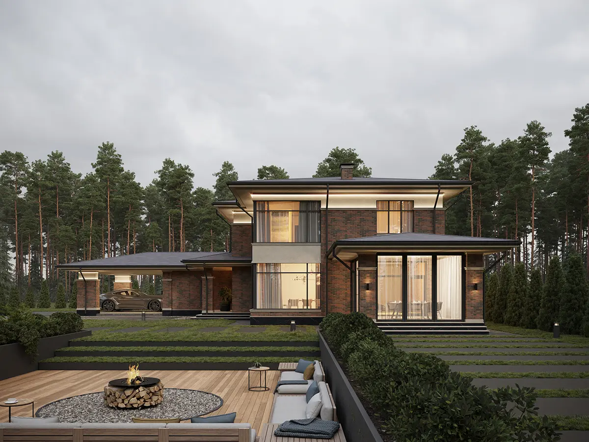 Projekt domu jednorodzinnego o pow. 313 m²: Piętrowy, 4 Sypialnie, 3 Łazienki, Otwarta kuchnia, Wiata