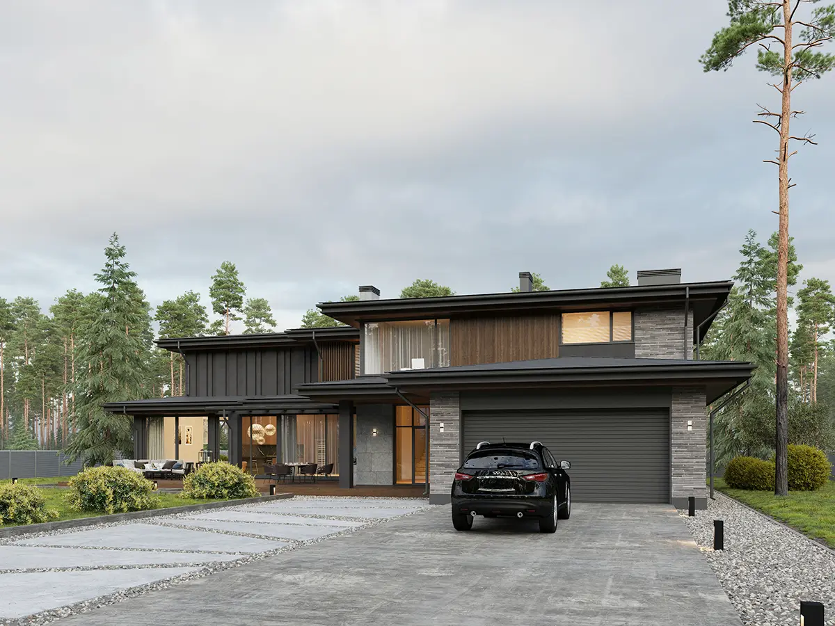 Projekt domu jednorodzinnego o pow. 423 m²: Piętrowy, 4 Sypialnie, Gabinet, 4 Łazienki, Otwarta kuchnia, Garaż