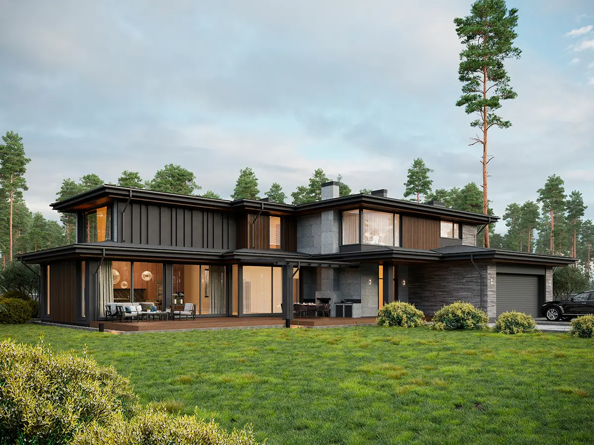 Projekt domu jednorodzinnego o pow. 423 m²: Piętrowy, 4 Sypialnie, Gabinet, 4 Łazienki, Otwarta kuchnia, Garaż