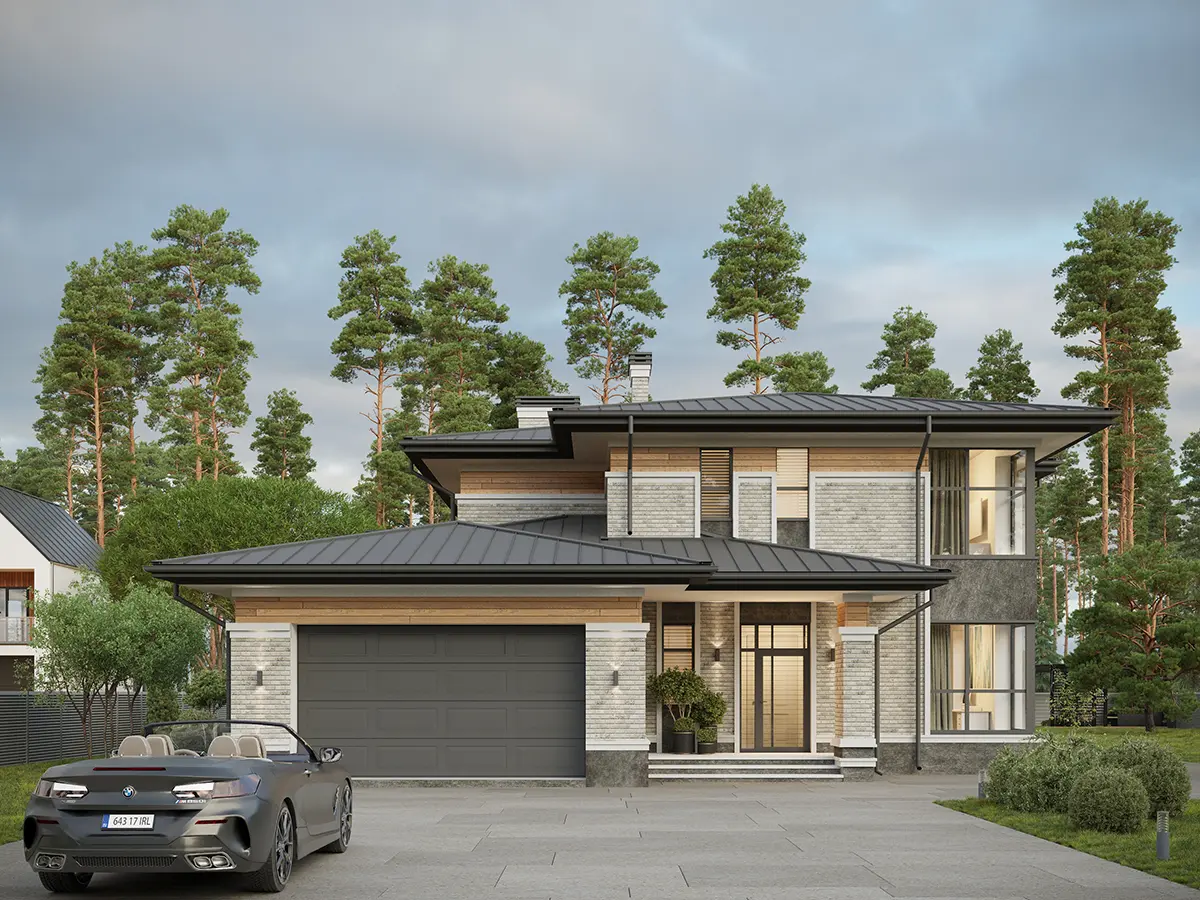 Projekt domu jednorodzinnego o pow. 241 m²: Piętrowy, 3 Sypialnie, 3 Łazienki, Otwarta kuchnia, Garaż