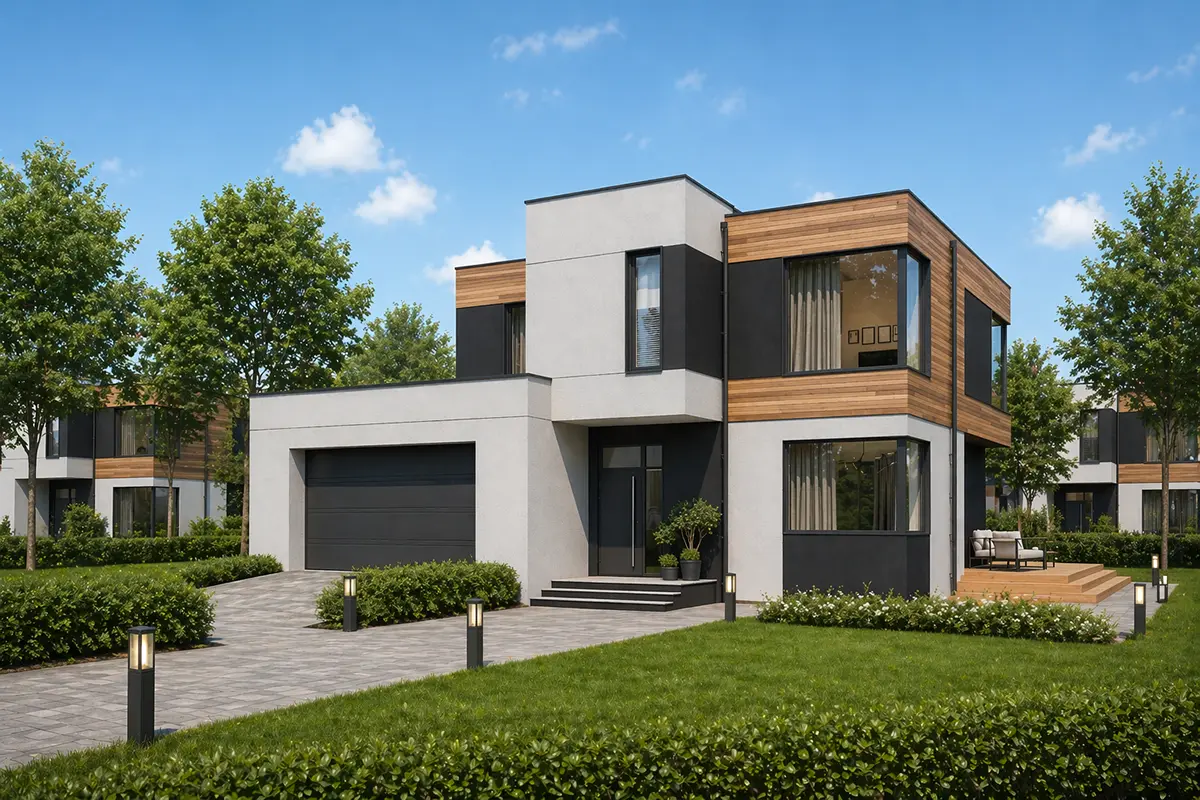 Projekt domu jednorodzinnego o pow. 211 m²: Piętrowy, 4 Sypialnie, Gabinet, 4 Łazienki, Otwarta kuchnia, Garaż