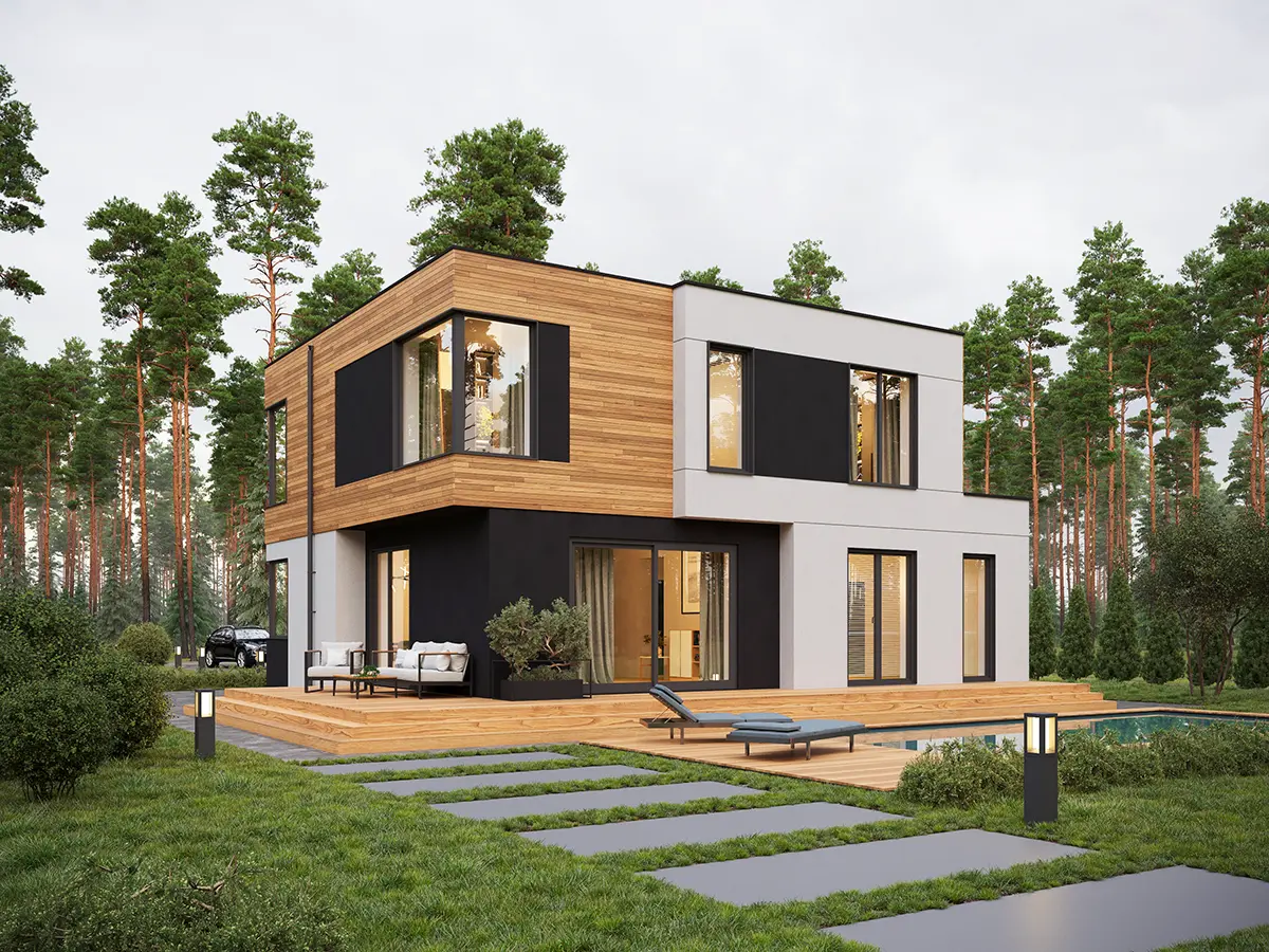 Projekt domu jednorodzinnego o pow. 211 m²: Piętrowy, 4 Sypialnie, Gabinet, 4 Łazienki, Otwarta kuchnia, Garaż