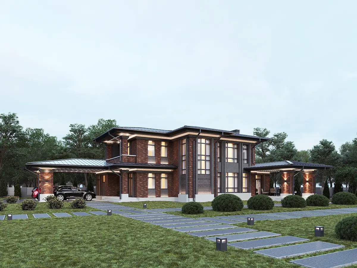 Projekt domu jednorodzinnego o pow. 211 m²: Piętrowy, 3 Sypialnie, 4 Łazienki, Otwarta kuchnia, Wiata