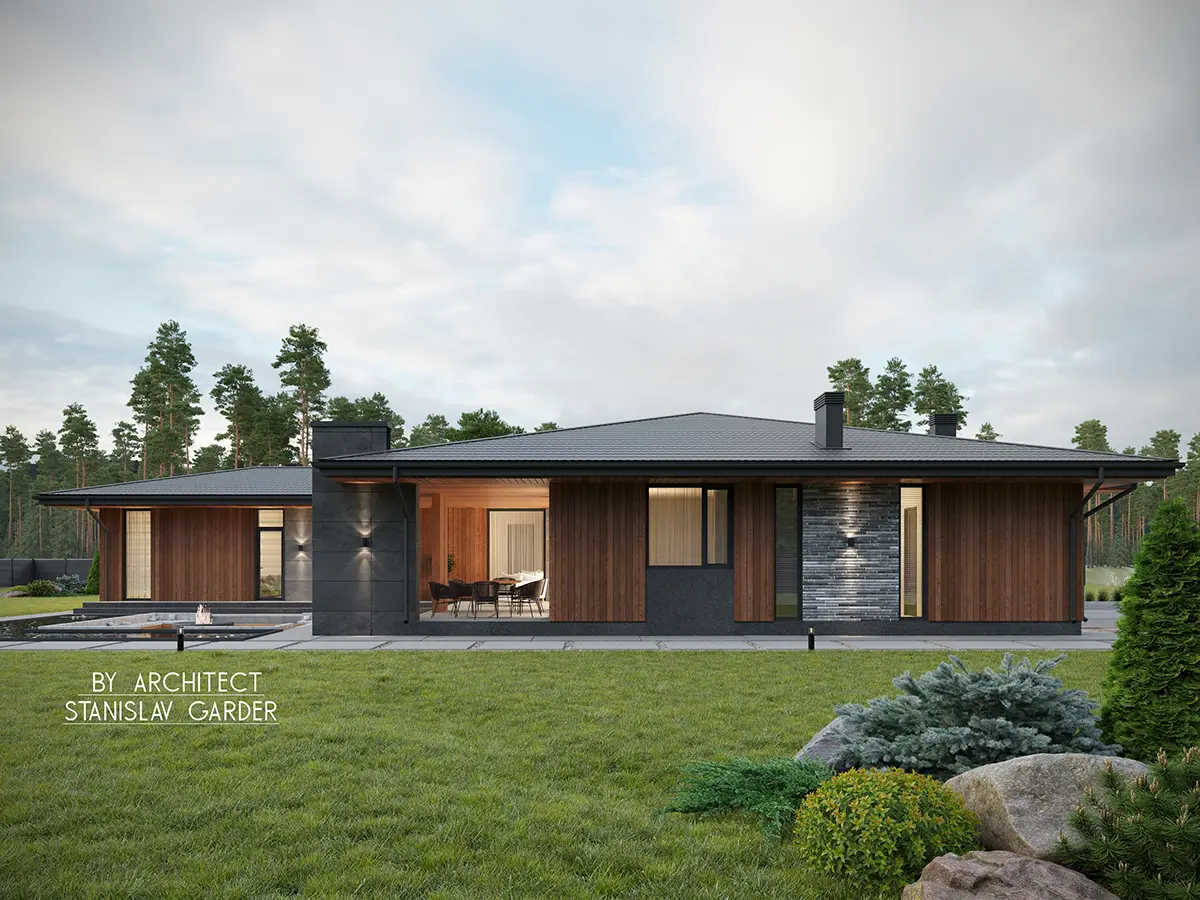 Projekt domu jednorodzinnego o pow. 213 m²: Parterowy, 5 Sypialnie, 3 Łazienki, Otwarta kuchnia