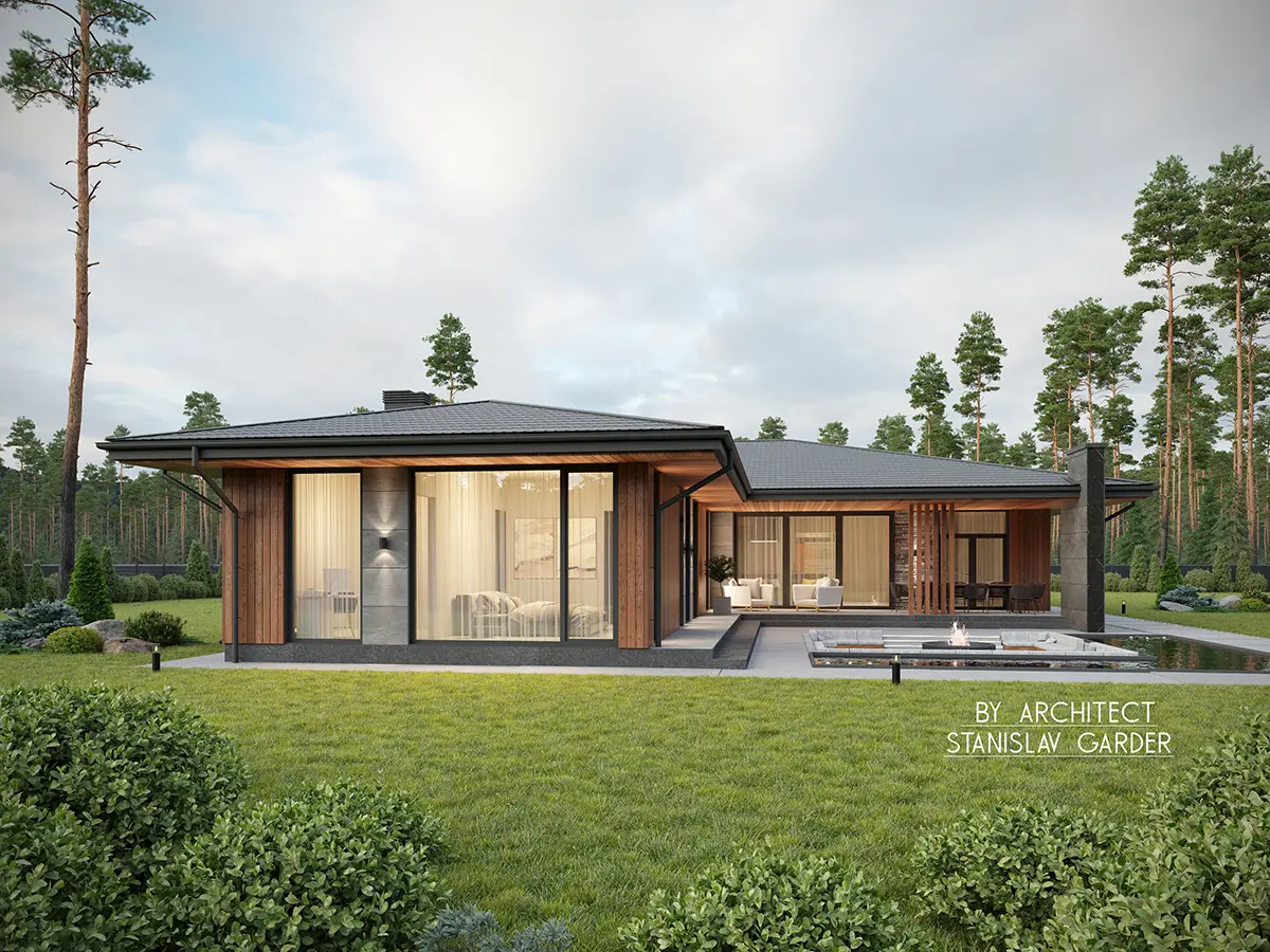 Projekt domu jednorodzinnego o pow. 213 m²: Parterowy, 5 Sypialnie, 3 Łazienki, Otwarta kuchnia