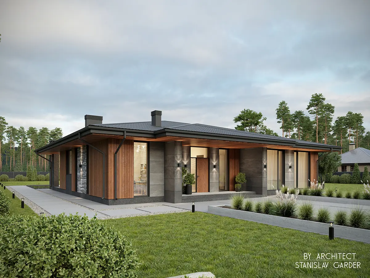 Projekt domu jednorodzinnego o pow. 213 m²: Parterowy, 5 Sypialnie, 3 Łazienki, Otwarta kuchnia